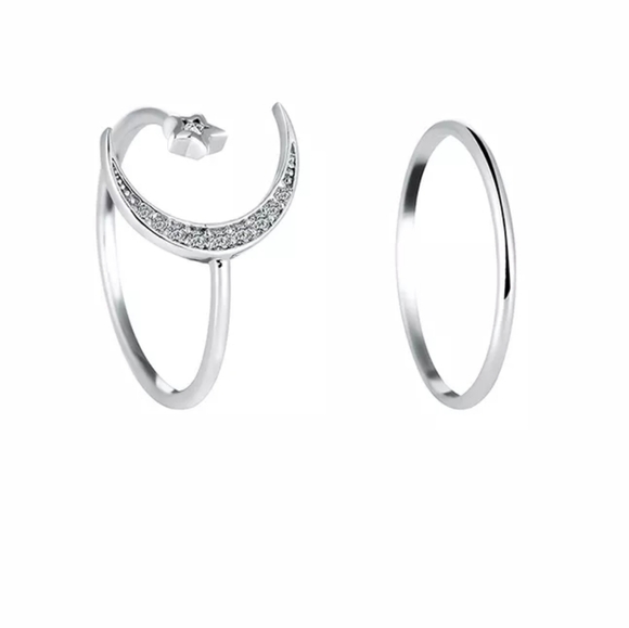 Crescent Moon Star Silver Ring - Picture 2 of 4